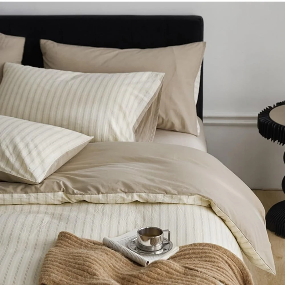 Beige Striped Duvet Cover Queen Size 100% Washed Cotton Duvet Cover Linen Like T